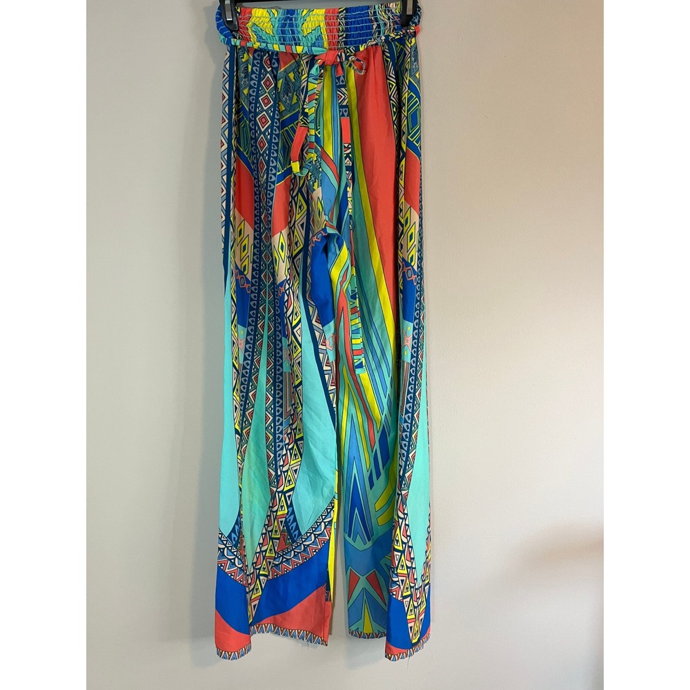 Black Bead Geometric Tribal Print Wide Leg‎ Smocked Waist Pants Multicolor Boho